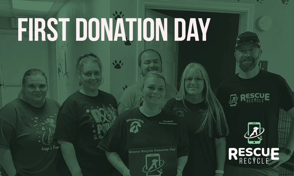 rescue recycle first donation day featuring animal shelter staff and Zach and Stoncia Bethke and plaque